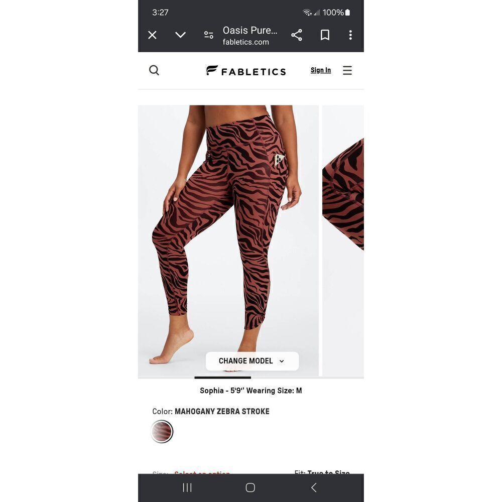 New Small Fabletics PureLuxe Oasis Twist 7/8 Leggings Mahogany Zebra Stroke NWOT